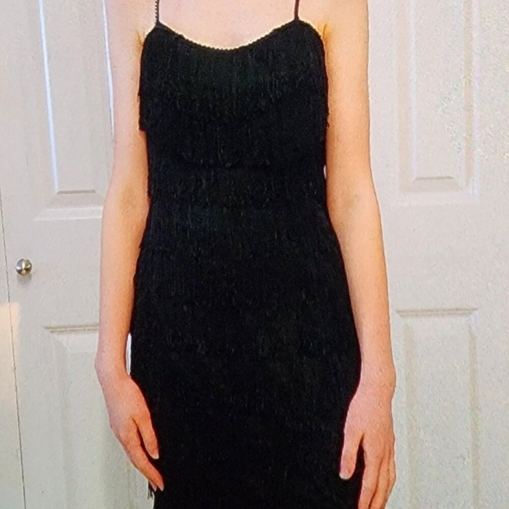 Vintage little black dress  size small fringe detail and jewelled straps.
